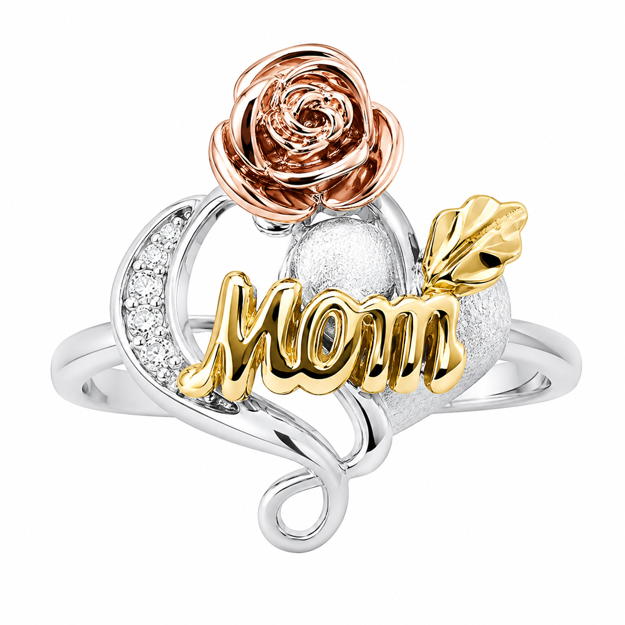 Sterling Silver Tricolor "Mom" Heart Ring