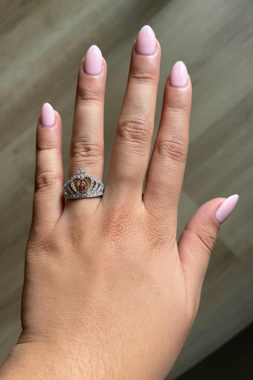 Sterling Silver Mother Mary Heart Crown Ring
