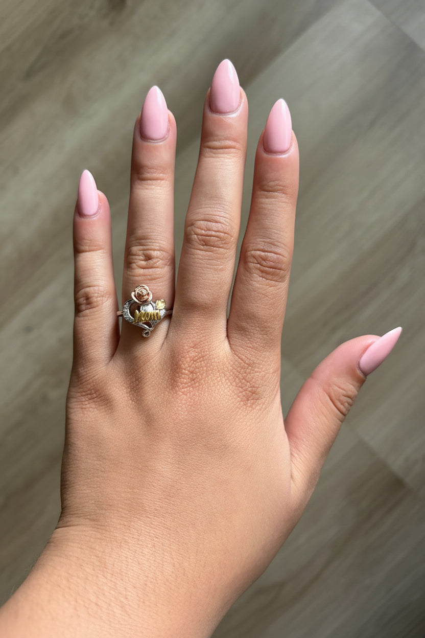 Sterling Silver Tricolor "Mom" Heart Ring