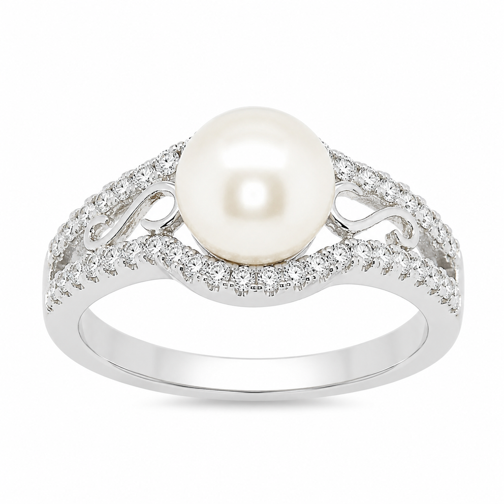 Sterling Silver 2 Line With Swirl Detail And Pearl Stone Ring