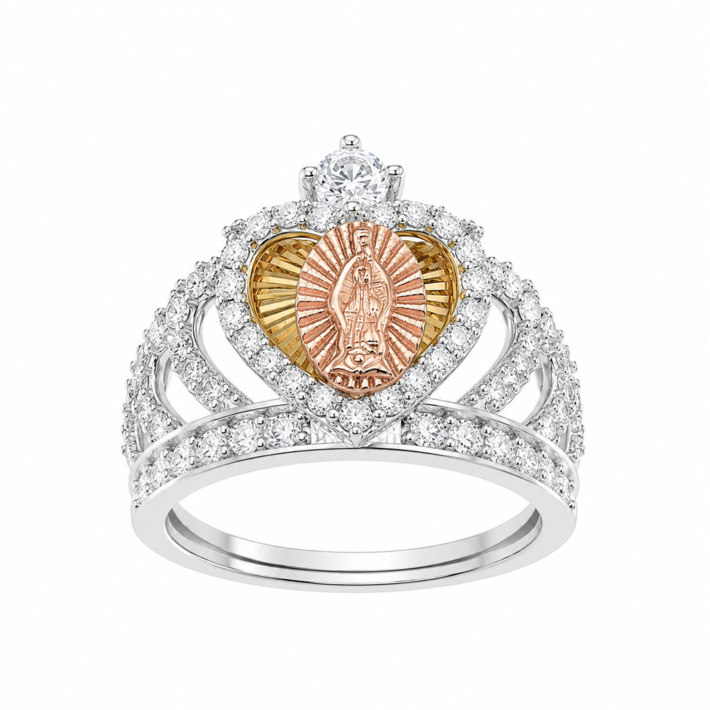 Sterling Silver Mother Mary Heart Crown Ring