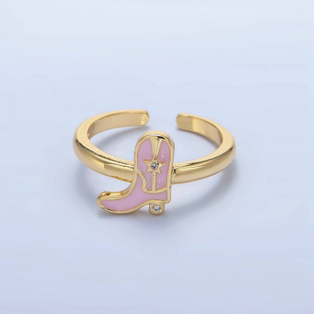 24K Gold Filled Pink Enamel Cowboy Boots Ring
