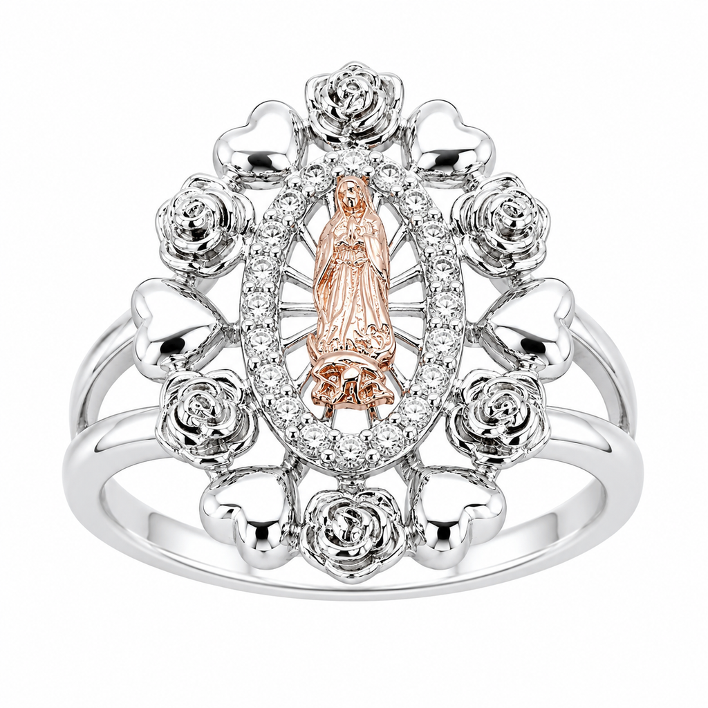 Sterling Silver Rose Gold Virgin Mary W/ Rose & Heart Halo Ring