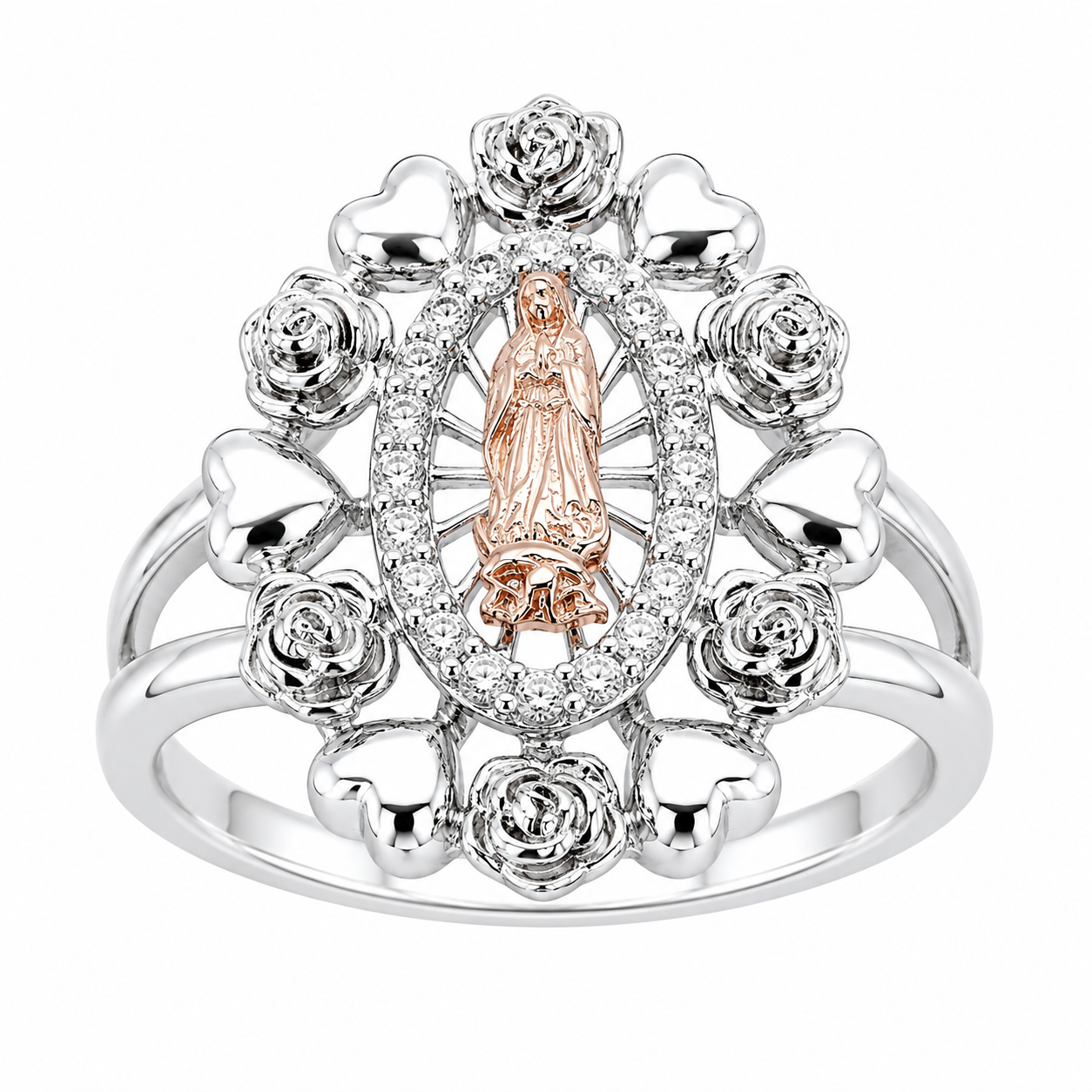 Sterling Silver Rose Gold Virgin Mary W/ Rose & Heart Halo Ring